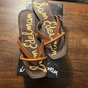 Sam Edelman Brown and Tan Cross-Strap Flip Flop Sandals